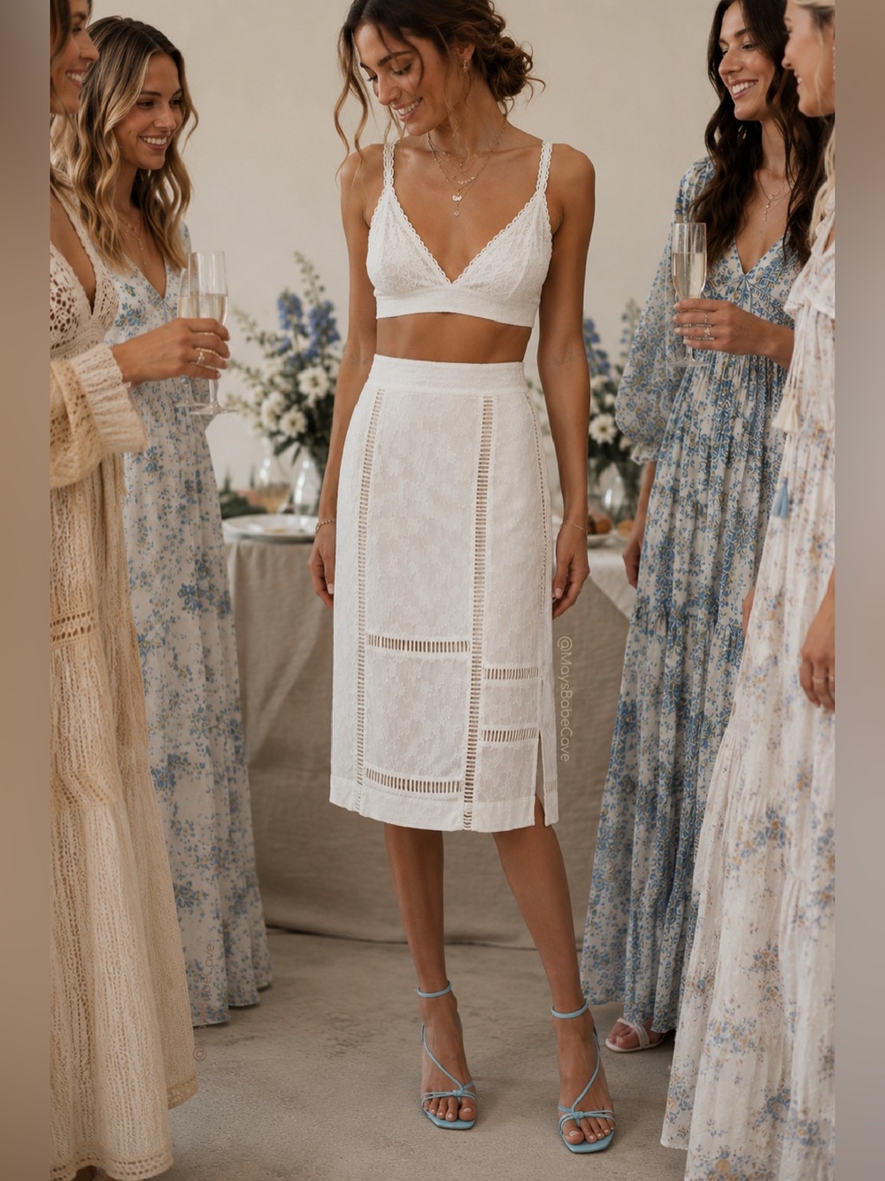 Free People Ivory White Cutout Straight Midi Skirt
